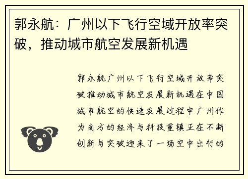 郭永航：广州以下飞行空域开放率突破，推动城市航空发展新机遇